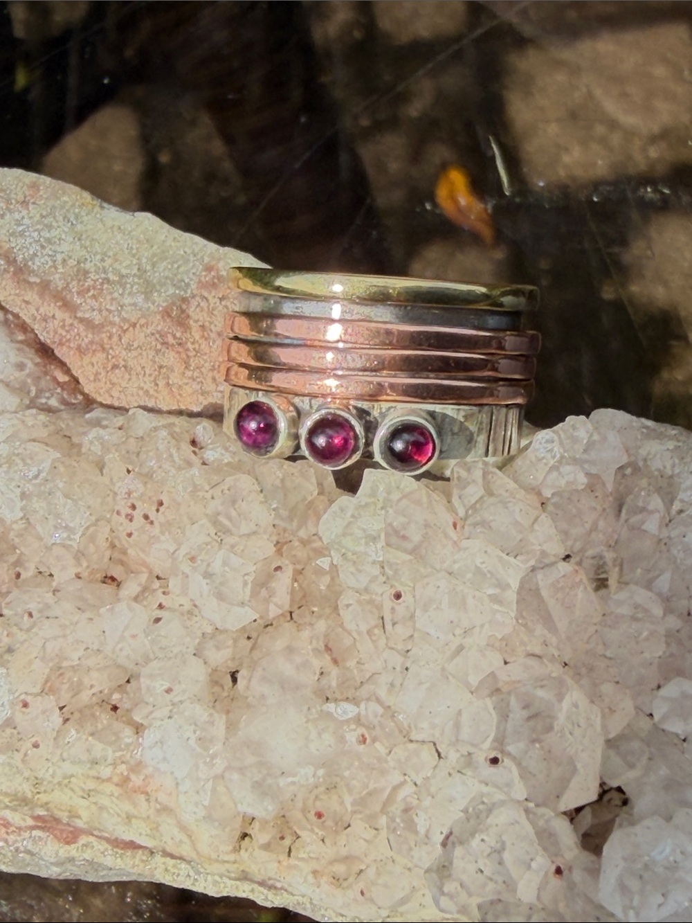 Garnet Tri-Color Spinner 925 Sterling Silver Ring, Size 7.5